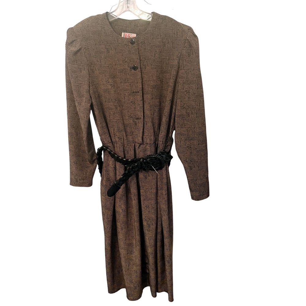Vintage 80s R&K Originals Dress Geometric Basketweave Belted Midi Union Made USA